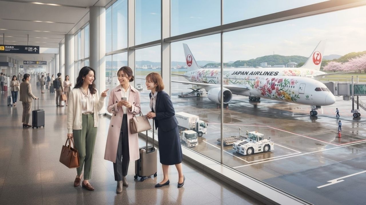 A Japan Airlines aircraft featuring colorful flowers and green livery promoting the Yokohama GREEN EXPO 2027.