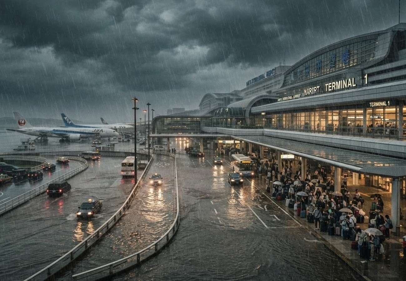 Aerial view of flooded infrastructure near Narita Airport during August 2026 storms