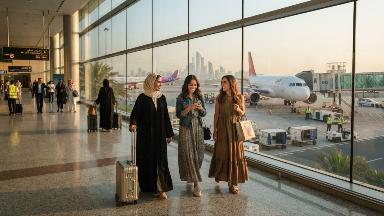 A photorealistic rendering of a modern low-cost carrier airplane preparing for takeoff at a Gulf airport terminal.