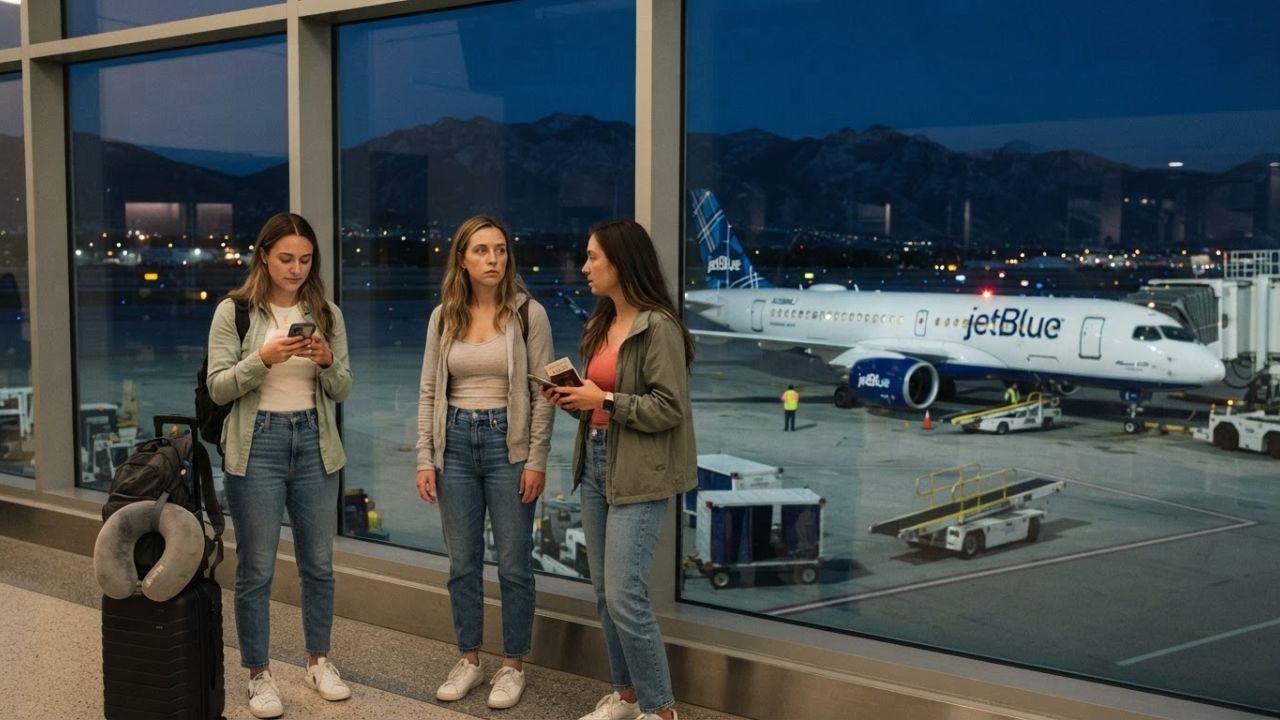 A JetBlue Airbus A220 parked at a Salt Lake City International Airport gate under terminal lights at night