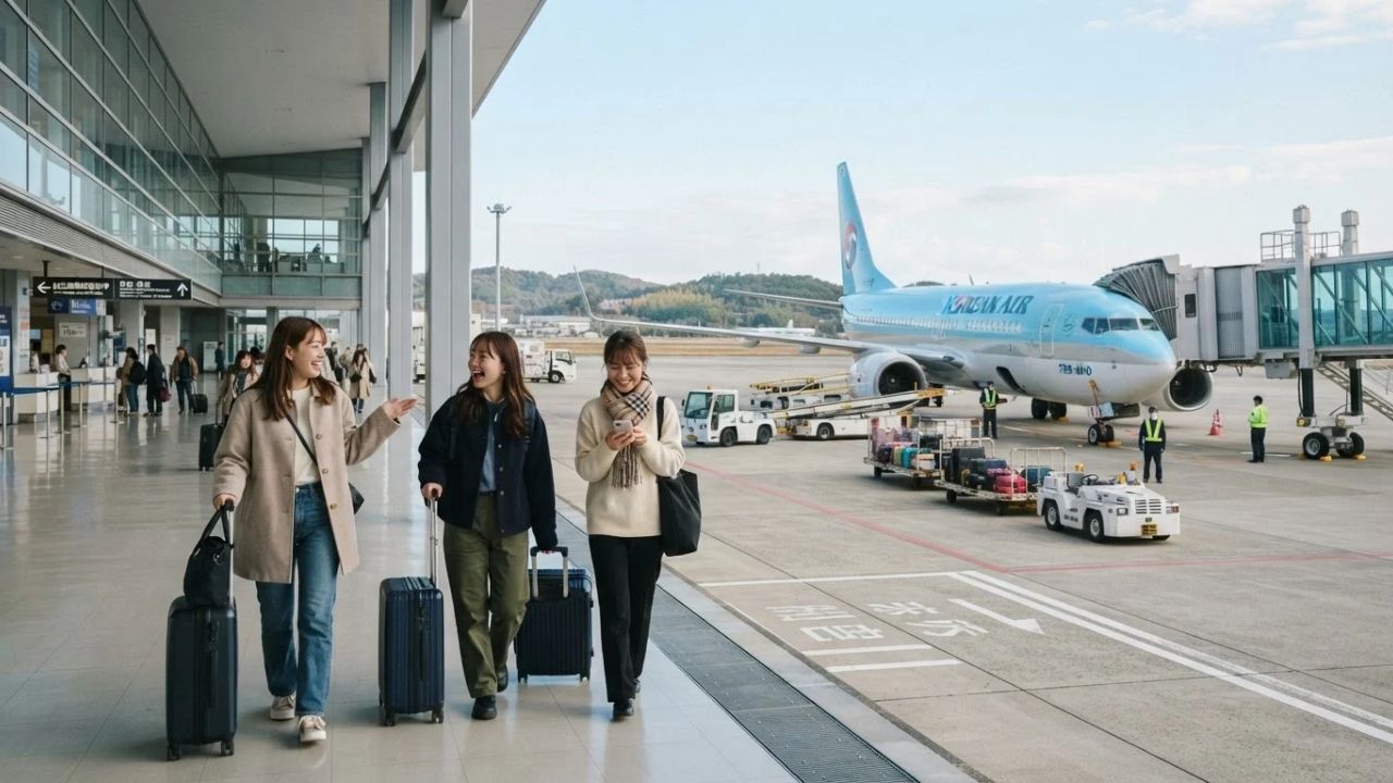 A Korean Air Boeing airliner taxiing past terminal gates at Seoul Incheon International Airport.