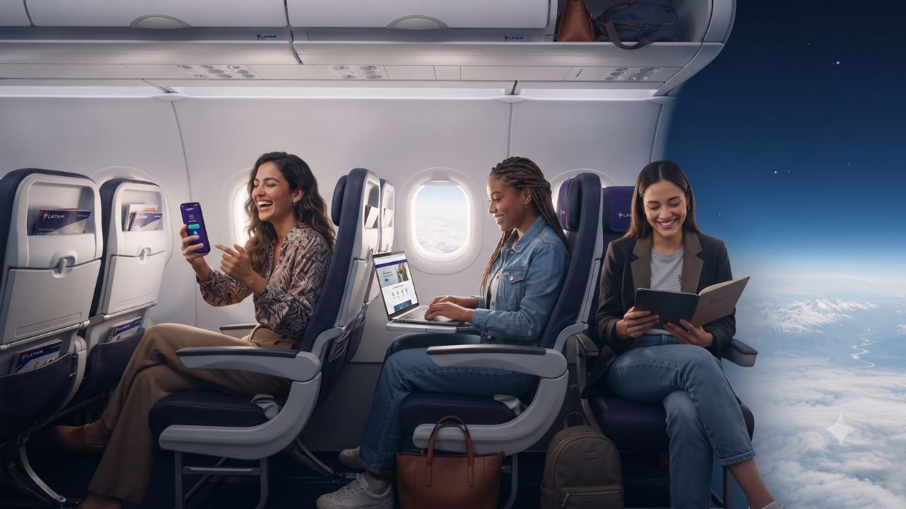 Passengers inside a modern airplane cabin using smartphones and tablets with high-speed internet