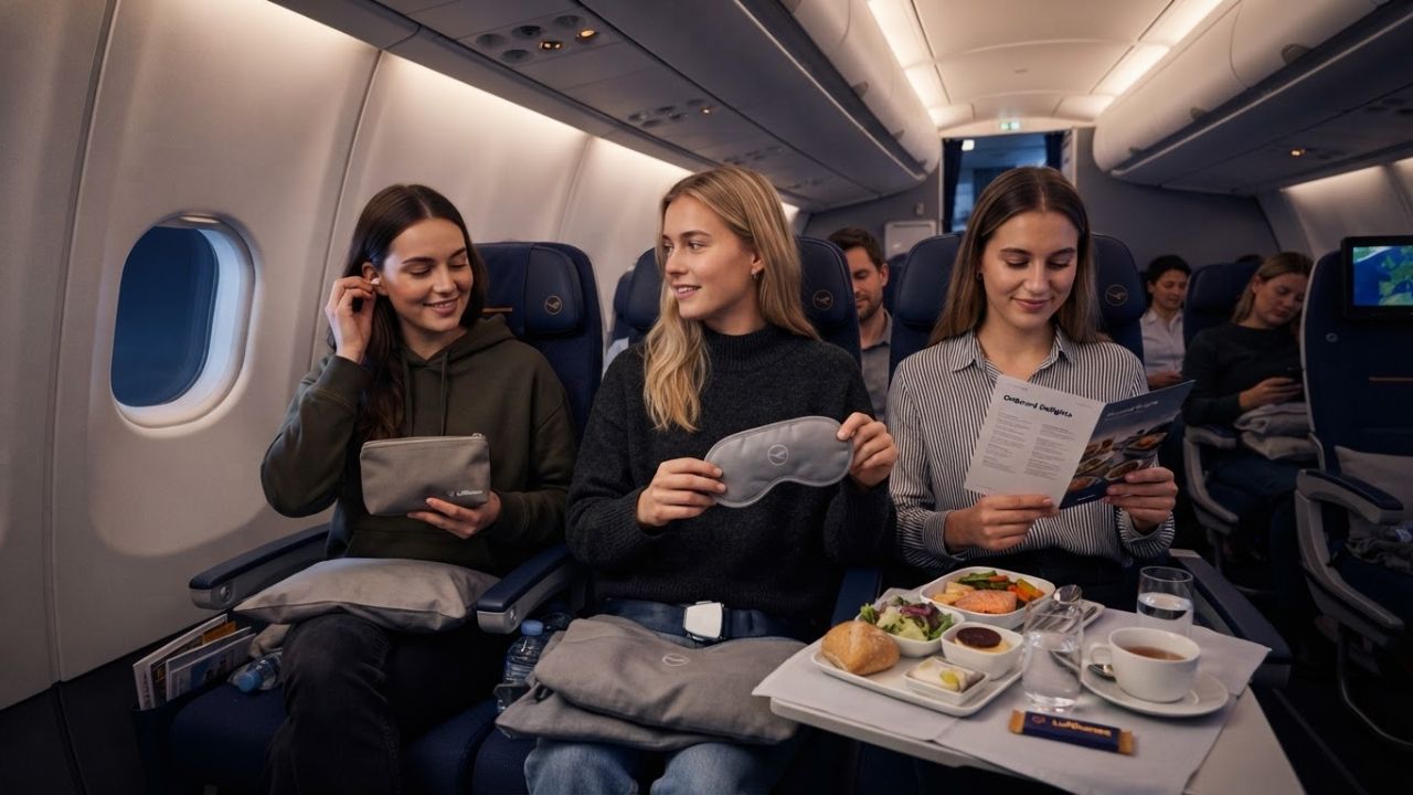 A clean passenger seat set up in the economy class cabin of a commercial long-haul flight.