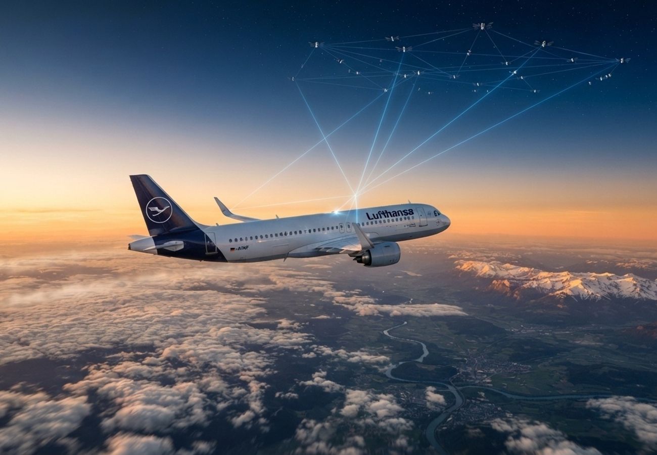 Airbus A320neo equipped with satellite communication antenna for Starlink WiFi