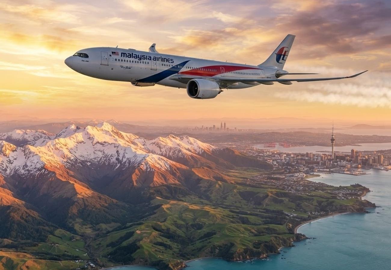 Malaysia Airlines A330neo aircraft flying towards New Zealand landscapes