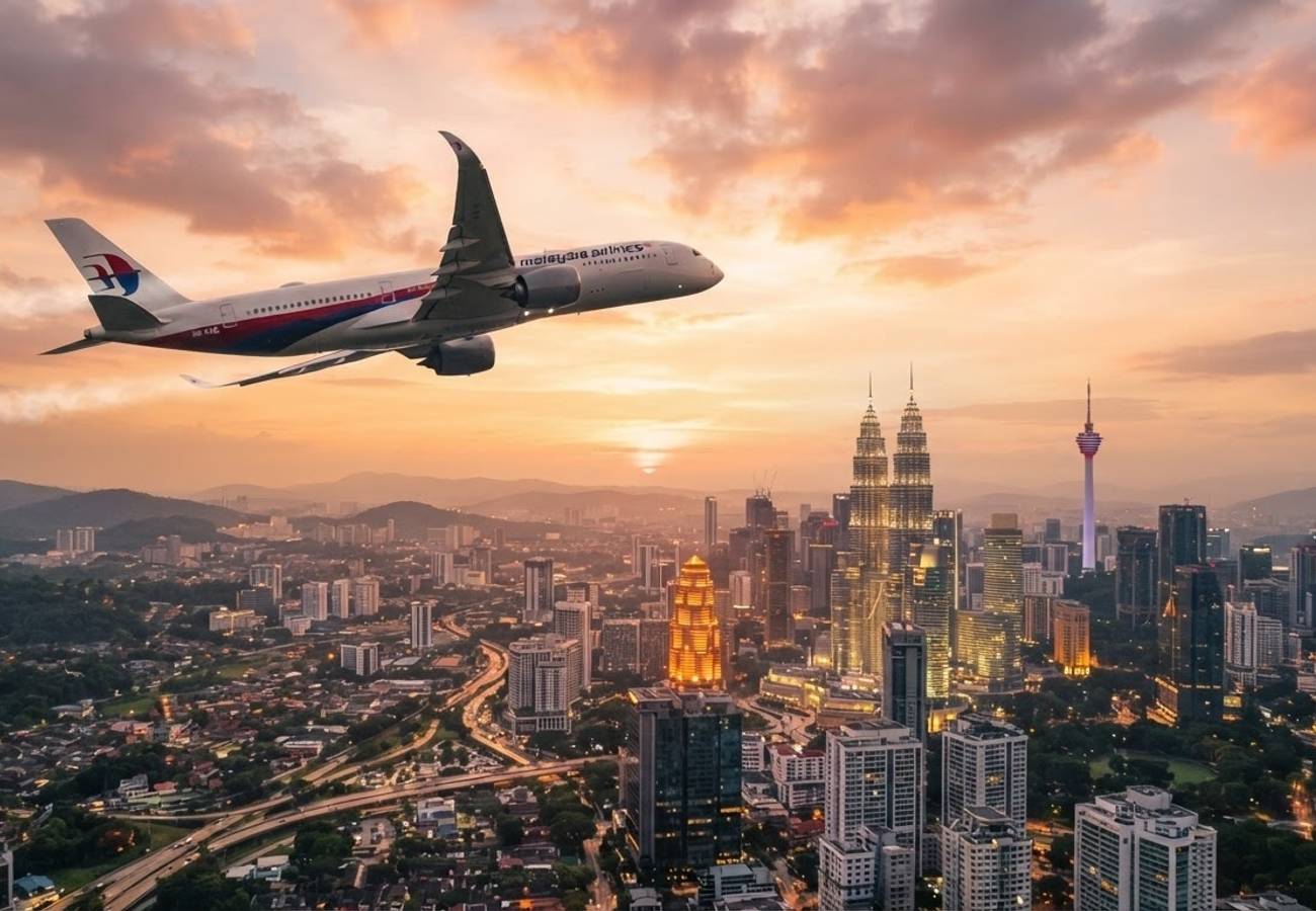 Aerial view of Kuala Lumpur International Airport and city skyline