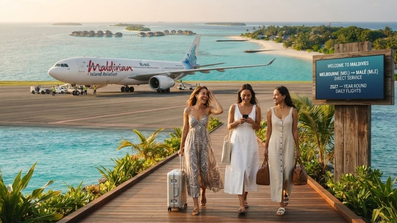 A Maldivian Airlines Airbus A330-200 descending over the turquoise waters of Malé Airport runway