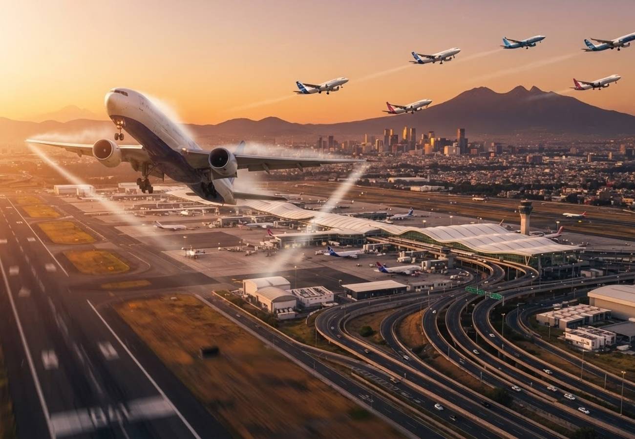 Aerial view of a modern airport terminal in Mexico