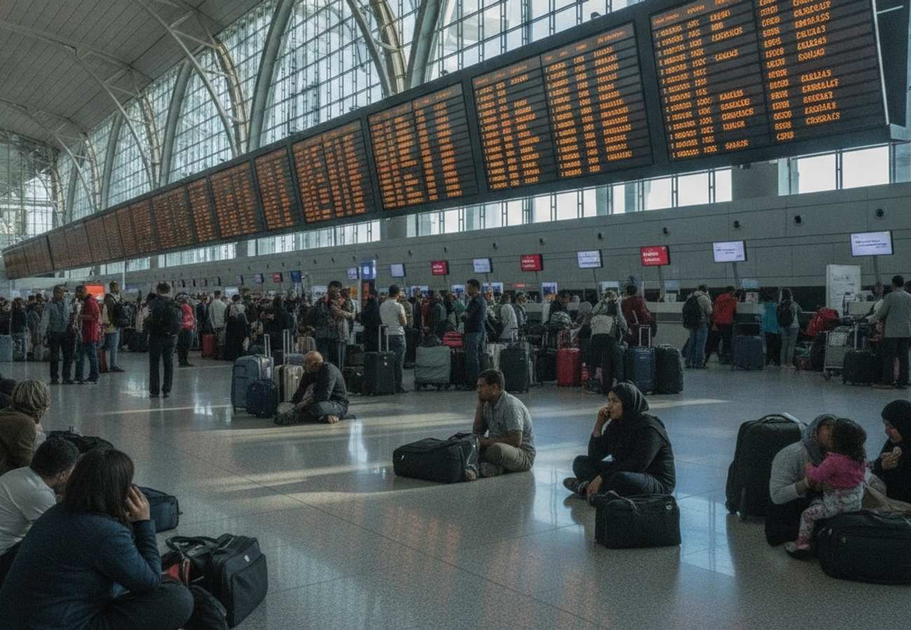 Aerial view of a major Middle East airport terminal during peak travel disruption