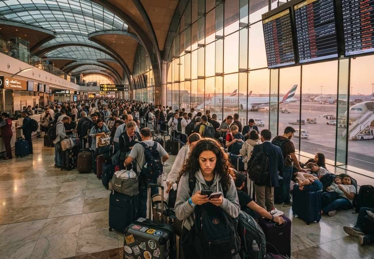 Aerial view of a busy Middle East international airport terminal