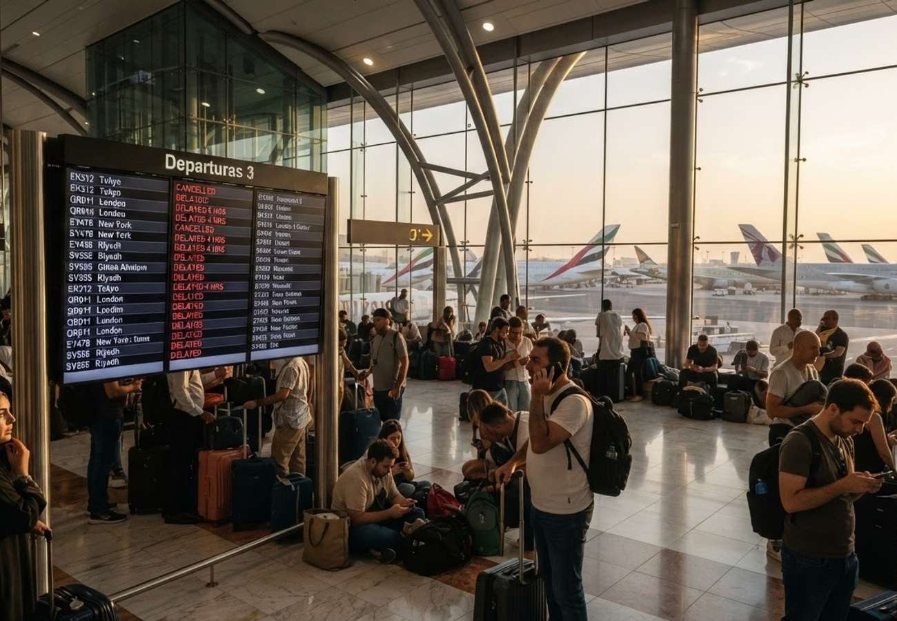 Aerial view of a busy Middle Eastern international airport terminal during operational disruptions