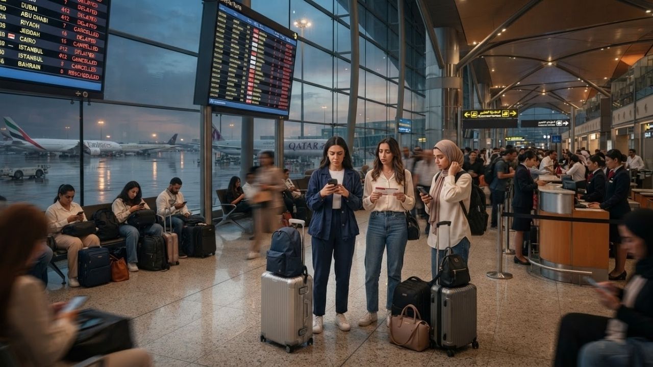 Commercial jetliner landing at busy Middle East airport terminal at night