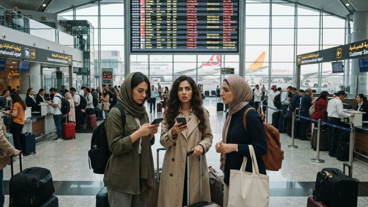 A terminal information board showing flight delays and cancellations in a Middle Eastern airport