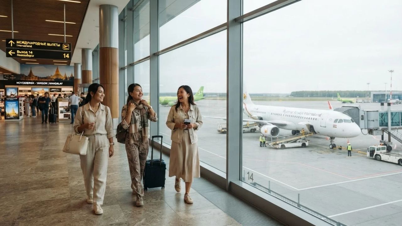 A Myanmar Airways International passenger aircraft preparing for takeoff on the tarmac.