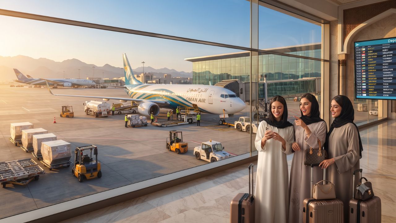 Oman Air Cargo Boeing 737-8 aircraft at an airport terminal cargo bay