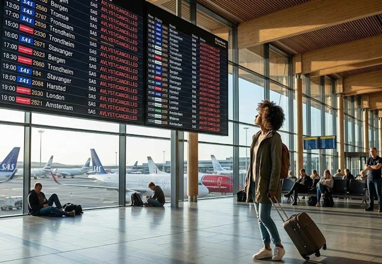 Aerial view of Oslo Gardermoen Airport terminals during aviation disruption