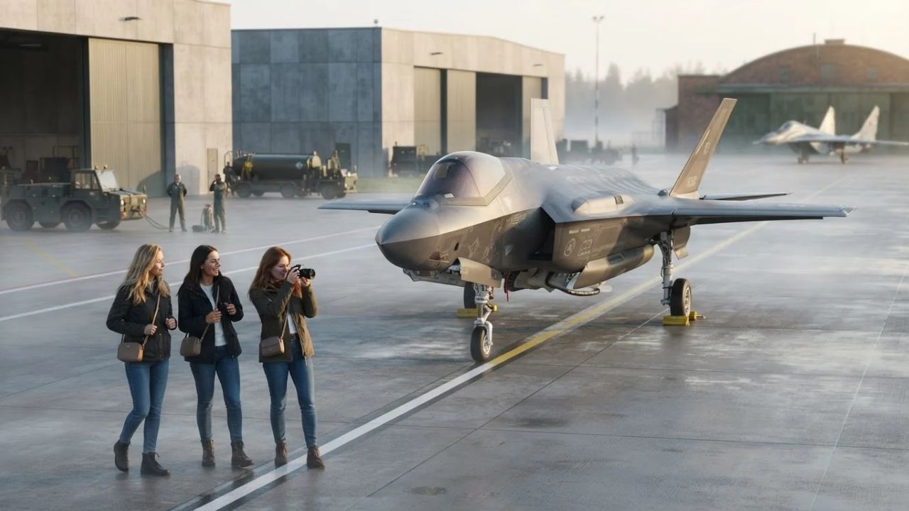 A modern F-35 fighter jet soaring through clear skies over Europe.