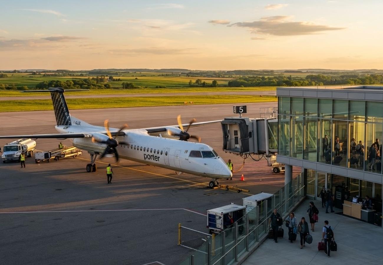 Aerial view of London International Airport terminal and aircraft