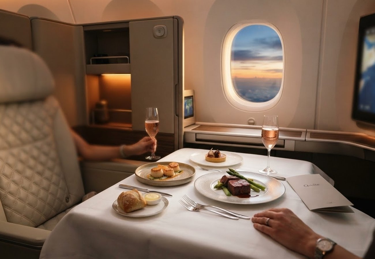Premium Business Class dining experience featuring Michelin-starred cuisine on Qatar Airways