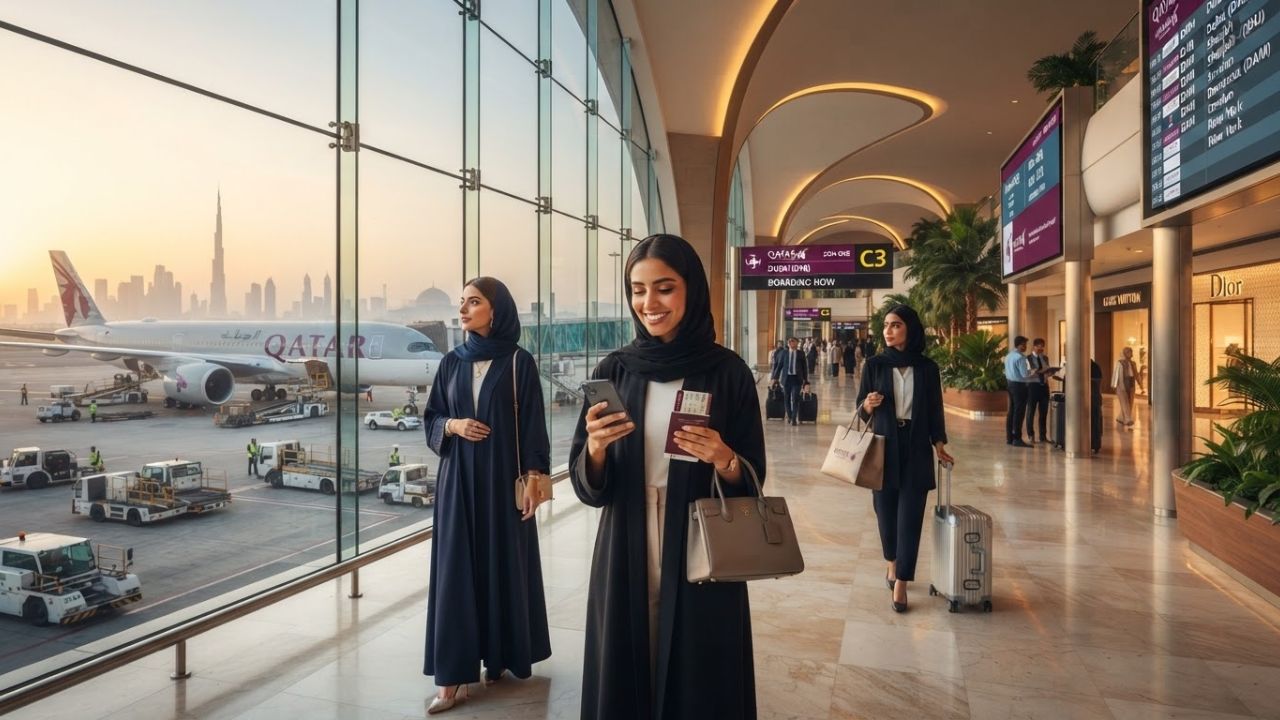 A Qatar Airways passenger aircraft taxiing past the control tower at Hamad International Airport.