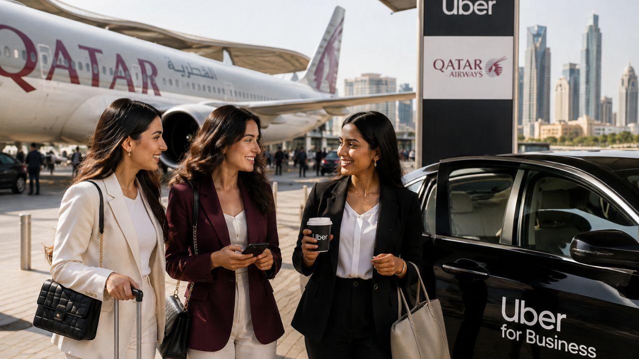 Business traveler using a mobile app to book ground transportation after an international flight.
