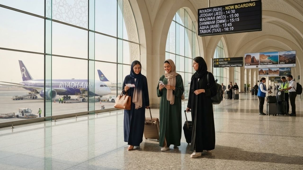 A passenger plane parked on the tarmac at King Khalid International Airport in Riyadh during sunrise.