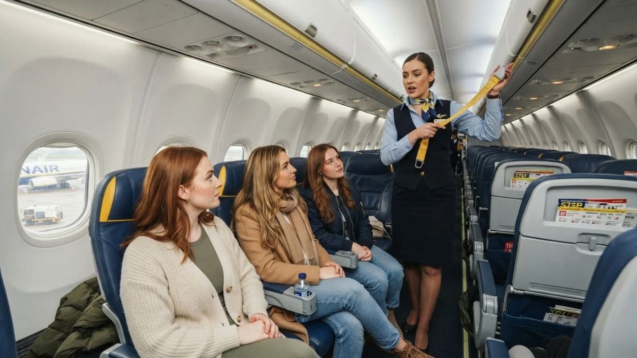 A Ryanair cabin crew member demonstrating the use of an oxygen mask inside a passenger aircraft.