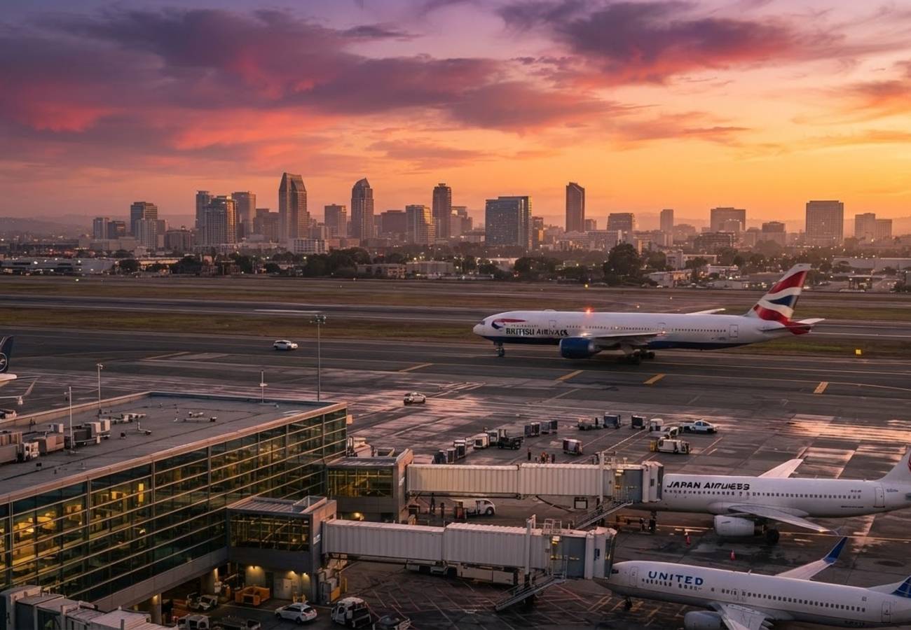 Aerial view of San Diego International Airport terminals and aircraft