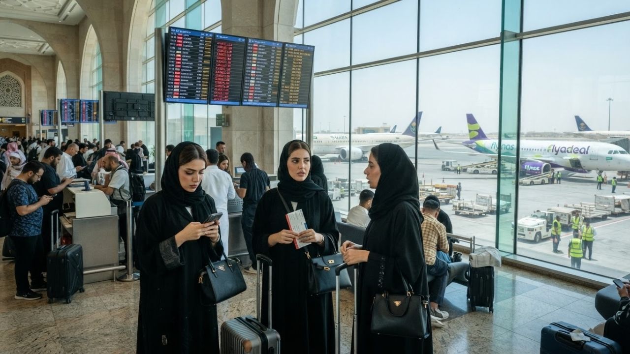 A busy terminal hallway at Riyadh King Khalid Airport under bright architectural ceiling arches