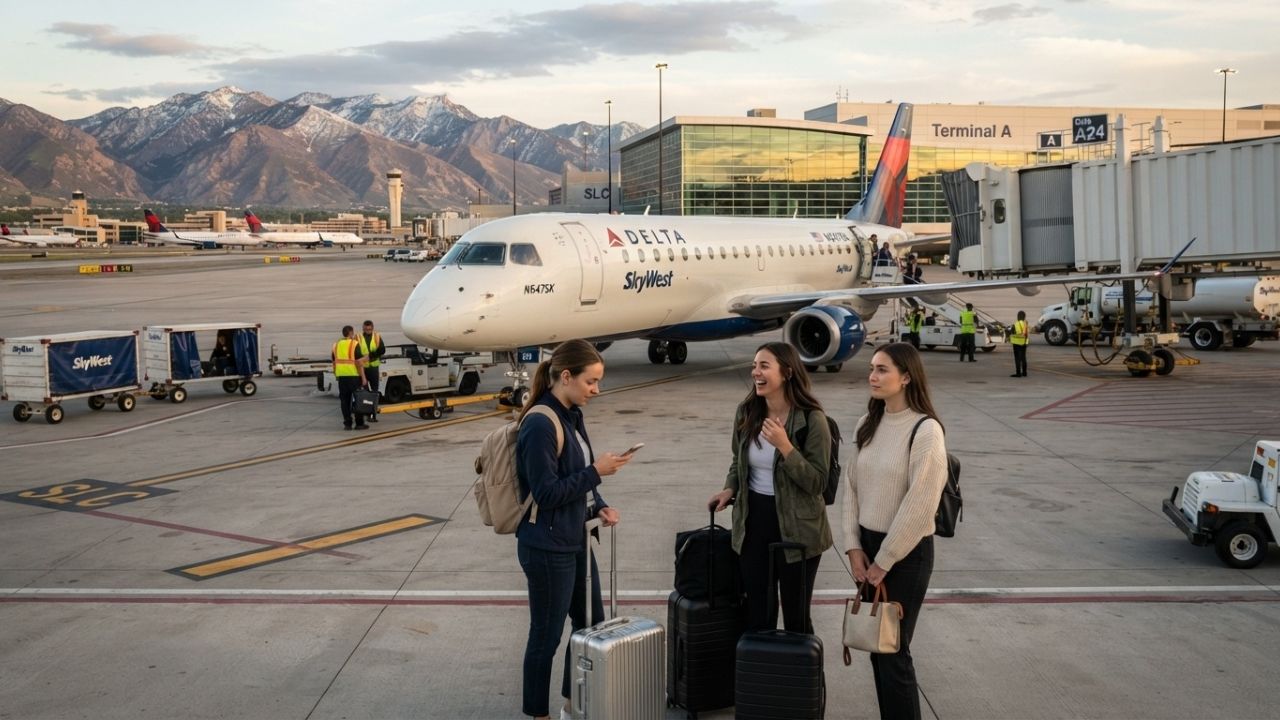 A Delta Connection Embraer E175 regional jet operated by SkyWest Airlines parked on the tarmac at Salt Lake City International Airport