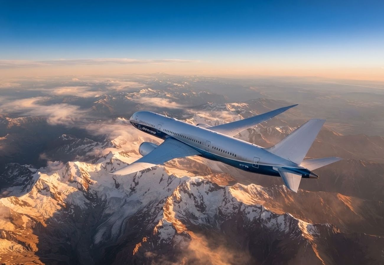 Aerial view of a commercial aircraft flying over a South American city