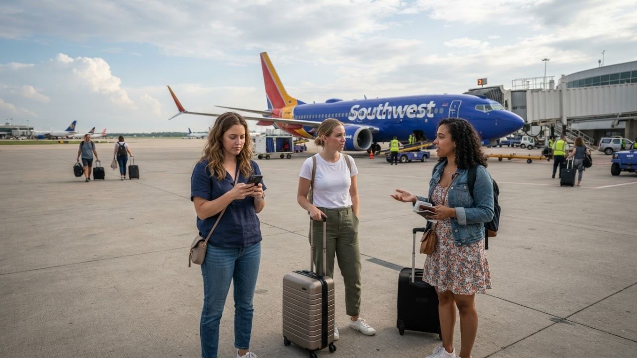 A Southwest Airlines Boeing 737 MAX 8 parked at Kansas City International Airport under morning terminal floodlights