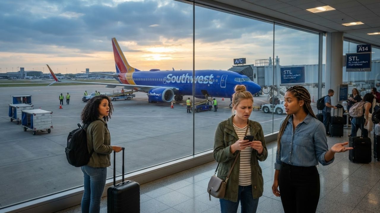 A Southwest Airlines Boeing 737 MAX 8 parked on the apron at St. Louis Lambert International Airport under morning skies