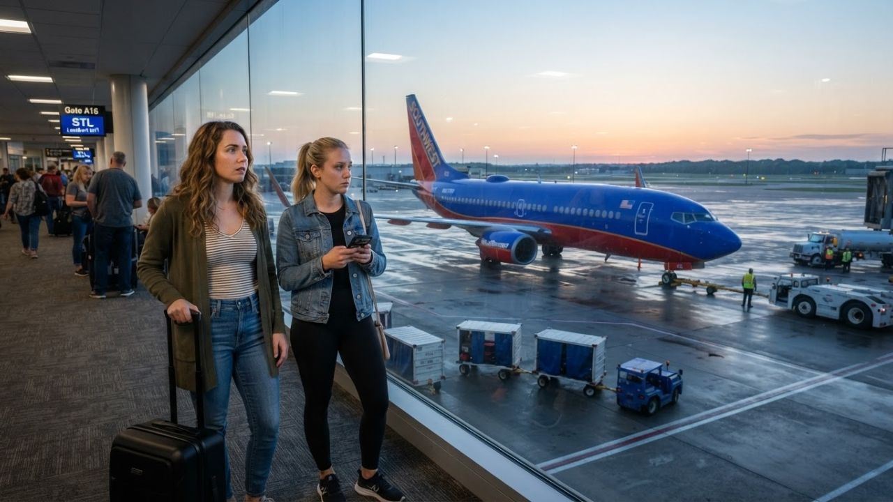 A Southwest Airlines Boeing 737-800 parked on the tarmac at St. Louis Lambert International Airport under morning skies