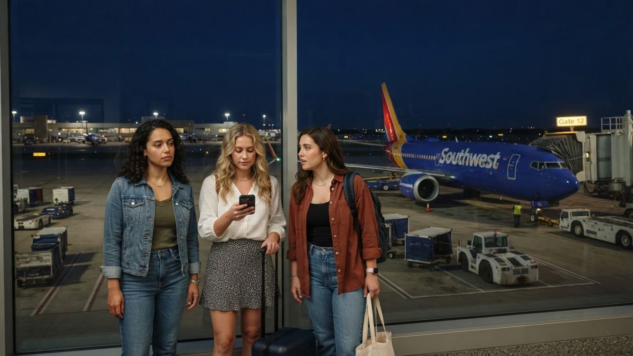 A Southwest Airlines Boeing 737 MAX 8 parked at Dallas Love Field gate terminal under night tarmac lighting