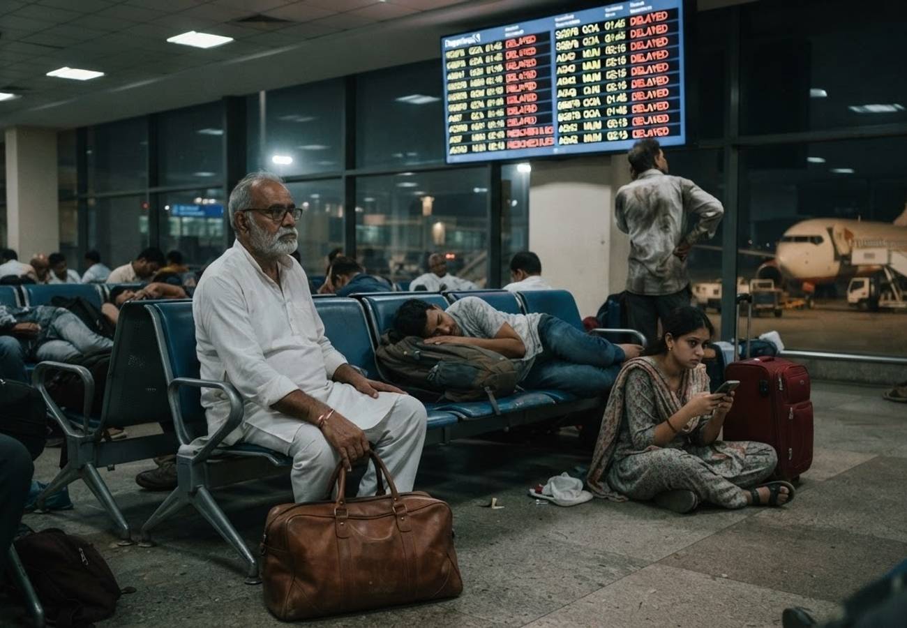 Commercial aircraft on tarmac at night representing flight delays