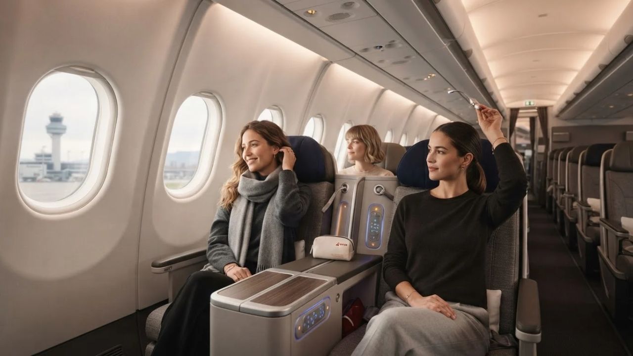 A side view of the modern passenger seats inside a newly refurbished commercial aircraft cabin.