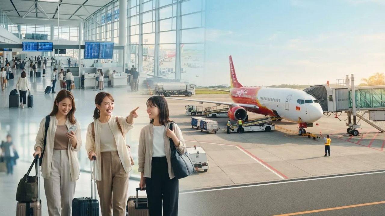 A Thai VietJet Air passenger jet preparing for takeoff on the runway at Fukuoka Airport.
