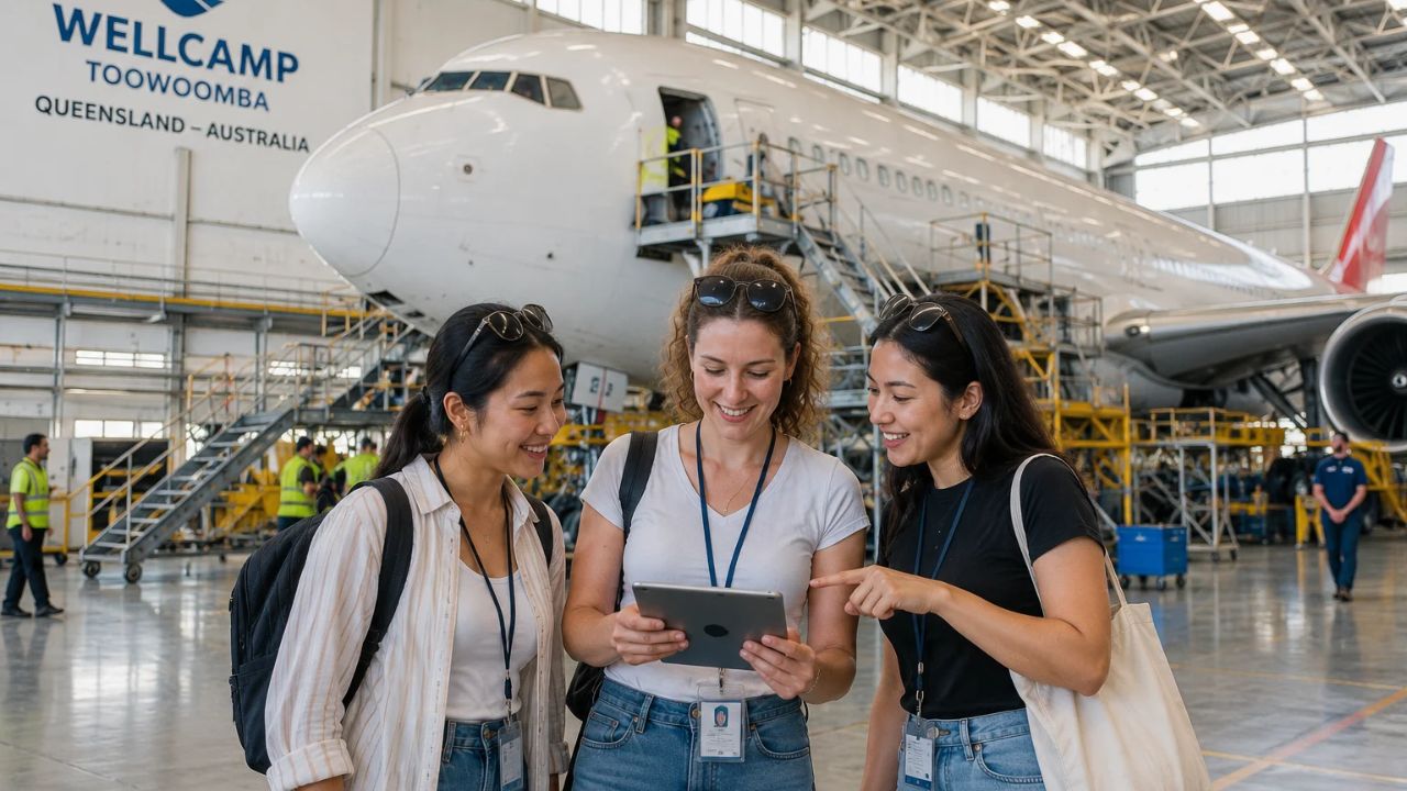 A large wide-body passenger jet parked inside a state-of-the-art maintenance hangar.