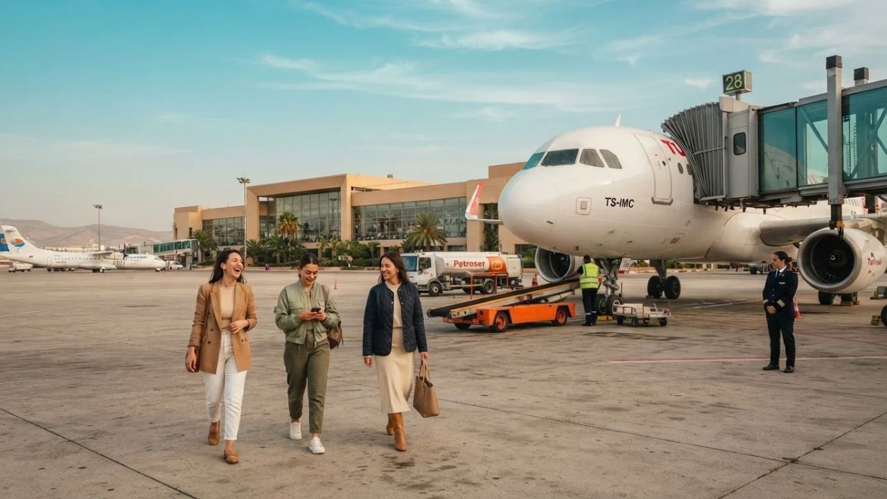 A Tunisair passenger plane parked at the boarding gate of a modern airport terminal.