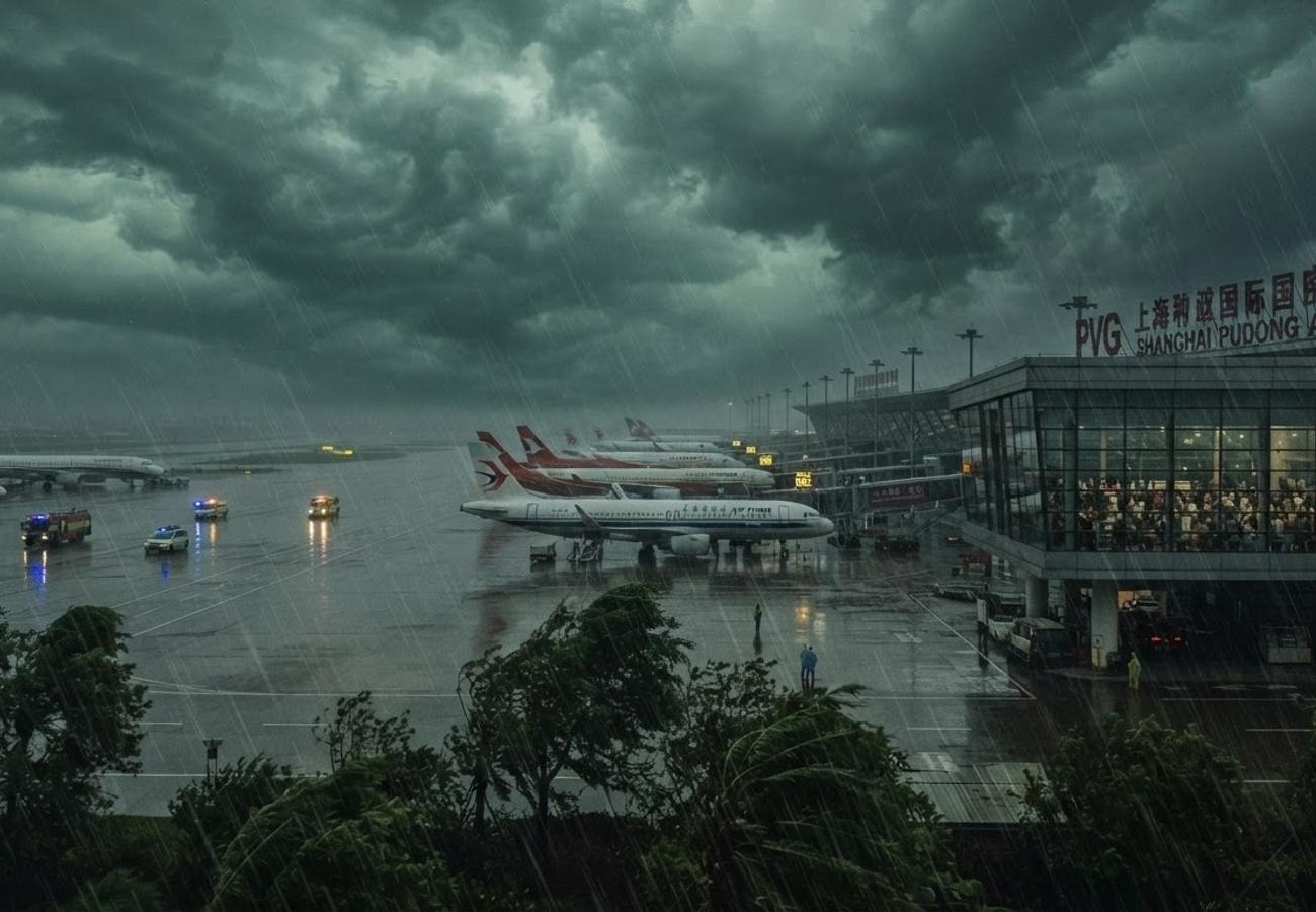 Aerial view of grounded aircraft at a major Asian airport during heavy rain