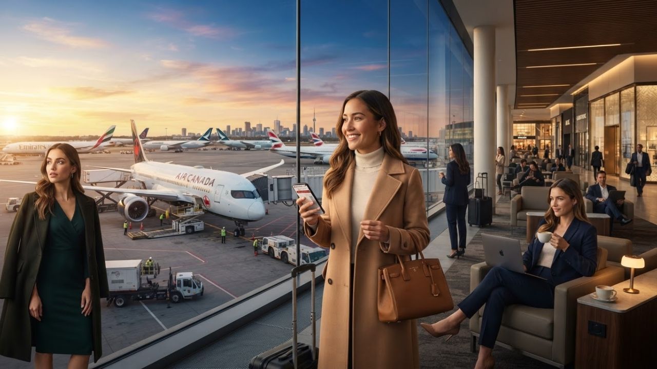 A clean modern business class cabin with lie-flat seats and personal video monitors under soft ambient lighting