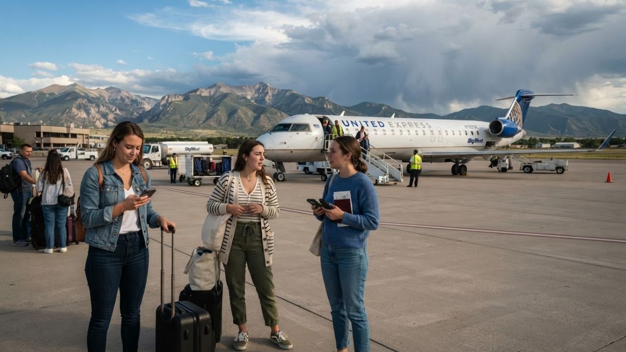 A United Express CRJ-700 regional jet parked on the apron at Montrose Regional Airport under clear mountain skies
