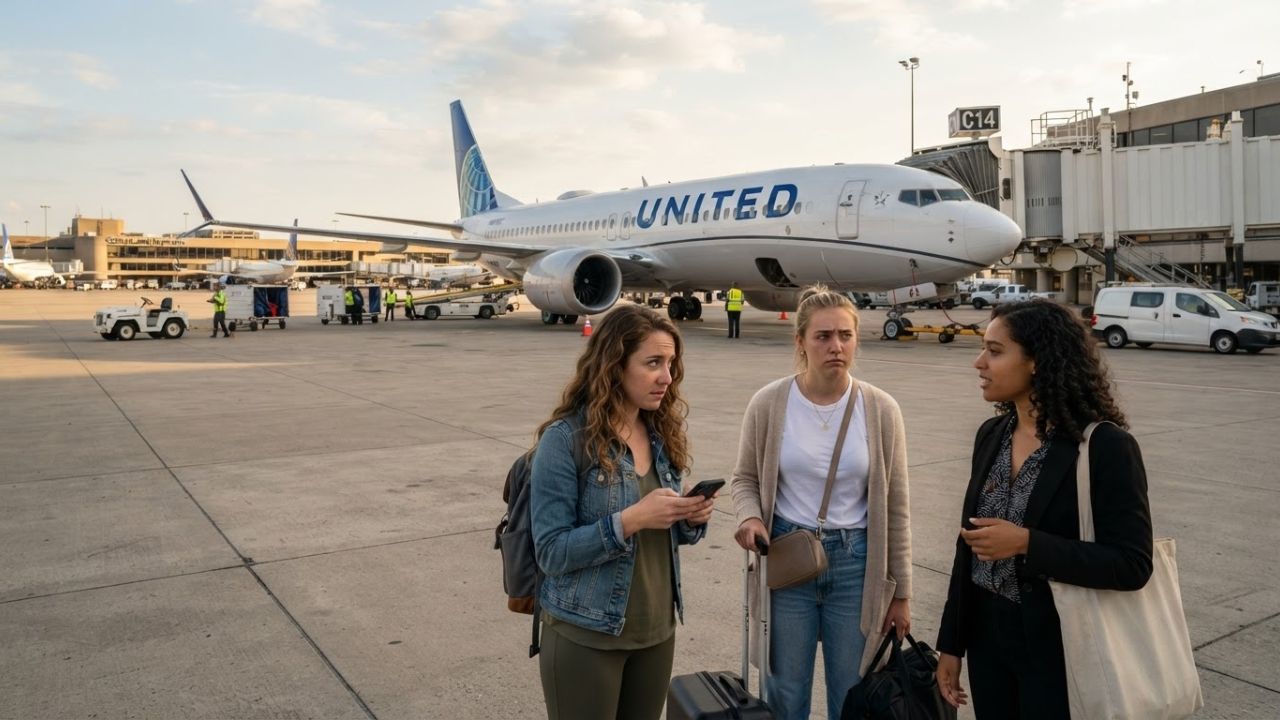 A United Airlines Boeing 737 MAX 8 parked at Cleveland-Hopkins International Airport under overcast skies