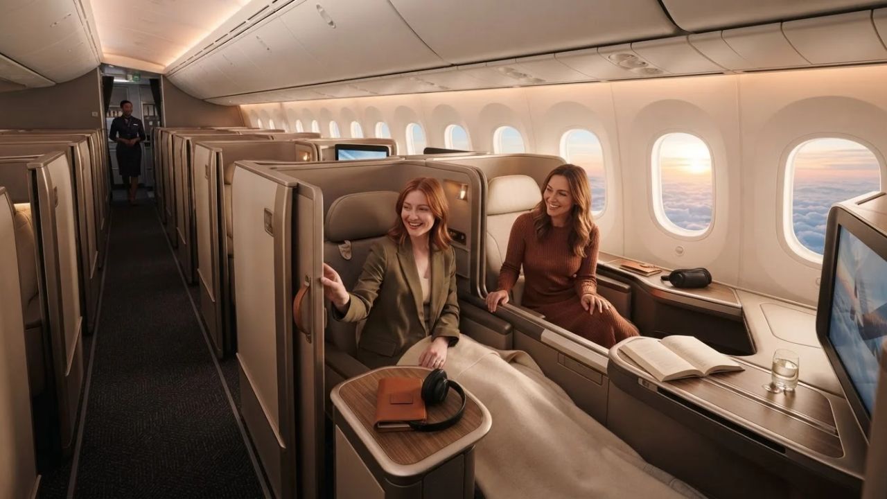 A luxurious international business-class suite with a sliding privacy door closed.