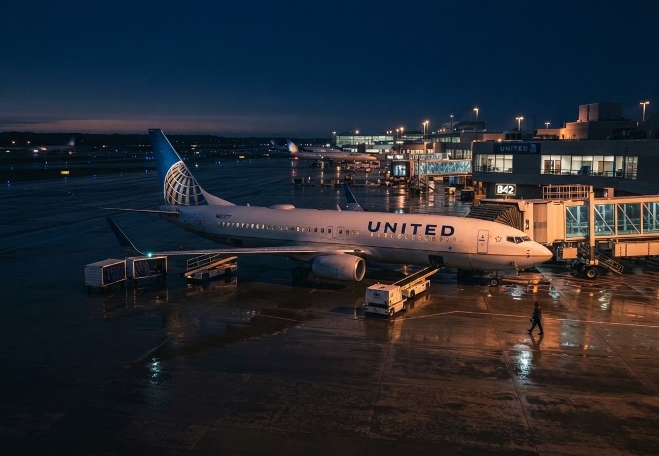 A commercial jet passenger plane parked on the tarmac of Eppley Airfield in Omaha under clear skies