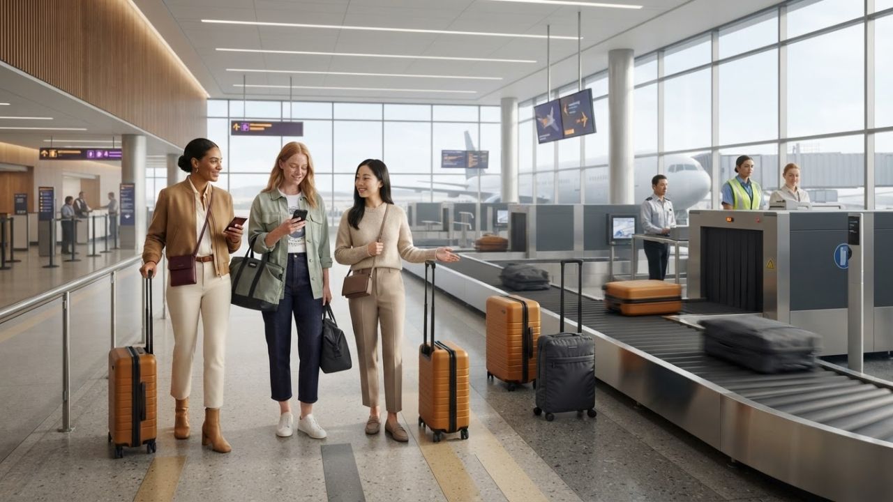 Modern automated luggage screening scanner operating at a major US international airport hub.