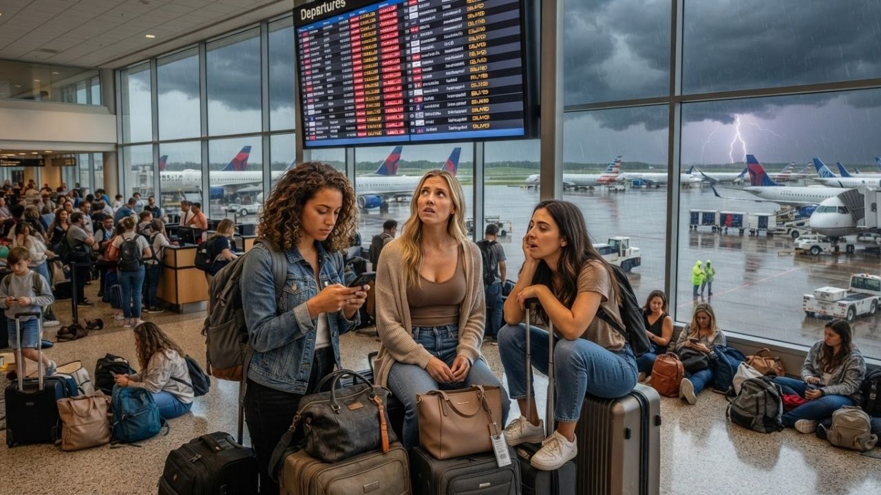 Heavy thunderstorms and rain sweeping across airport tarmacs with multiple commercial planes grounded at terminal gates