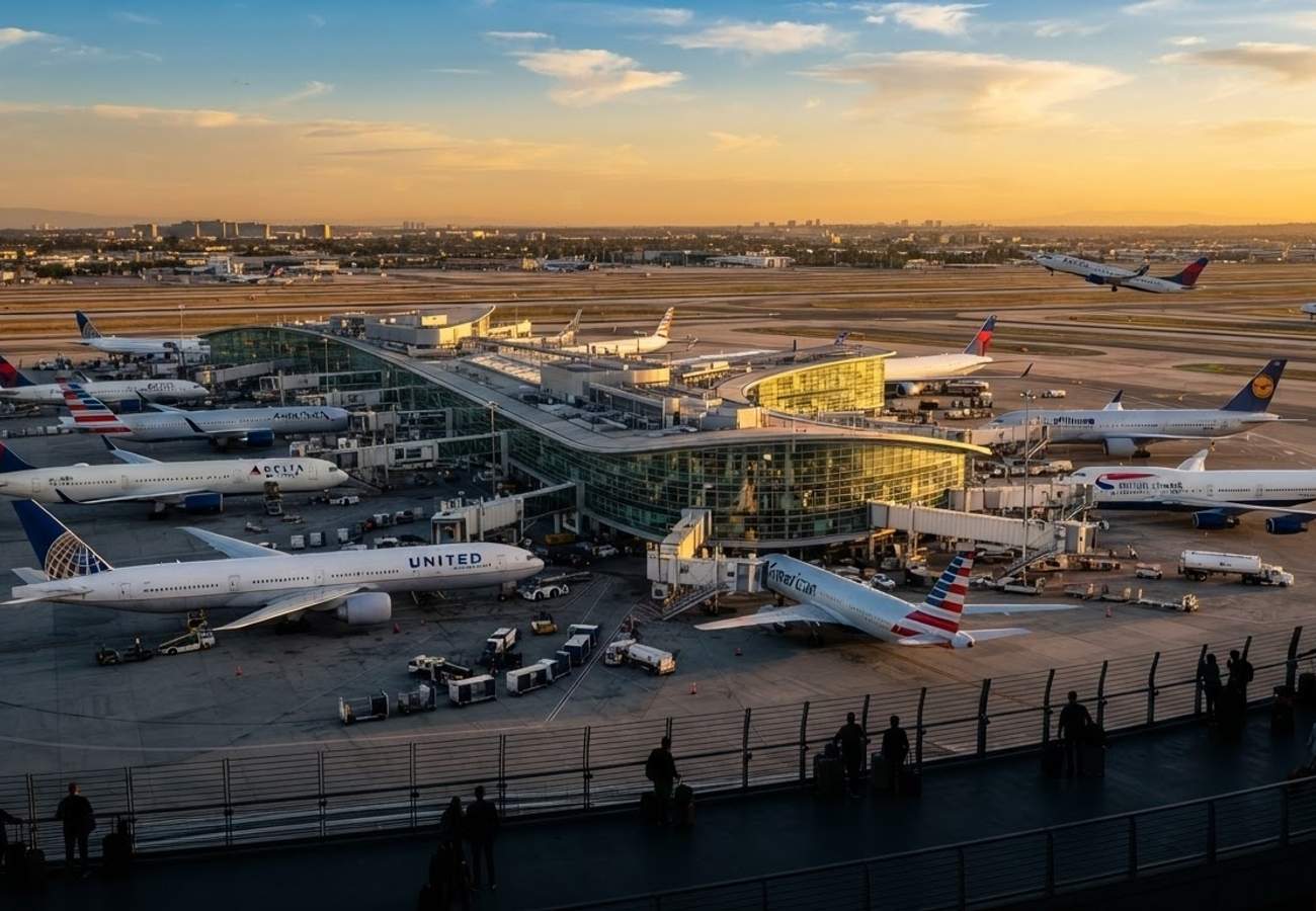 Aerial view of a major US international airport hub with multiple aircraft