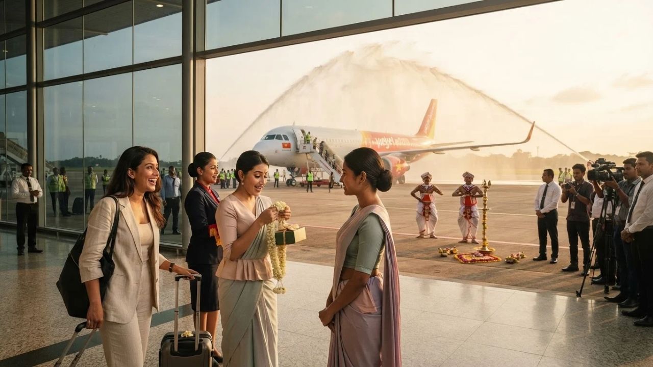 A Vietjet narrowbody passenger airplane landing at an airport runway.